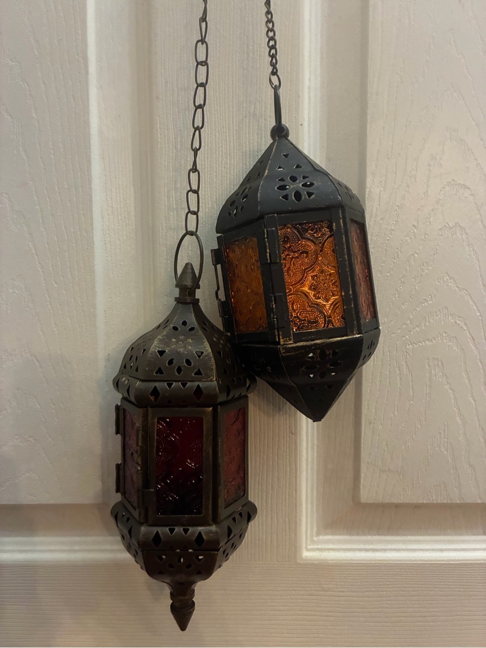 Set of 2 Moroccan Hanging Candle Lanterns Filigree Metal & Colored Glass Boho